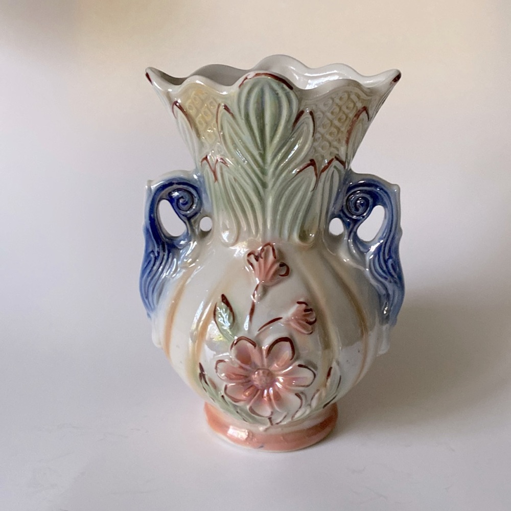 Vintage Brazilian Lusterware Iridescent Hand Painted Floral Vase